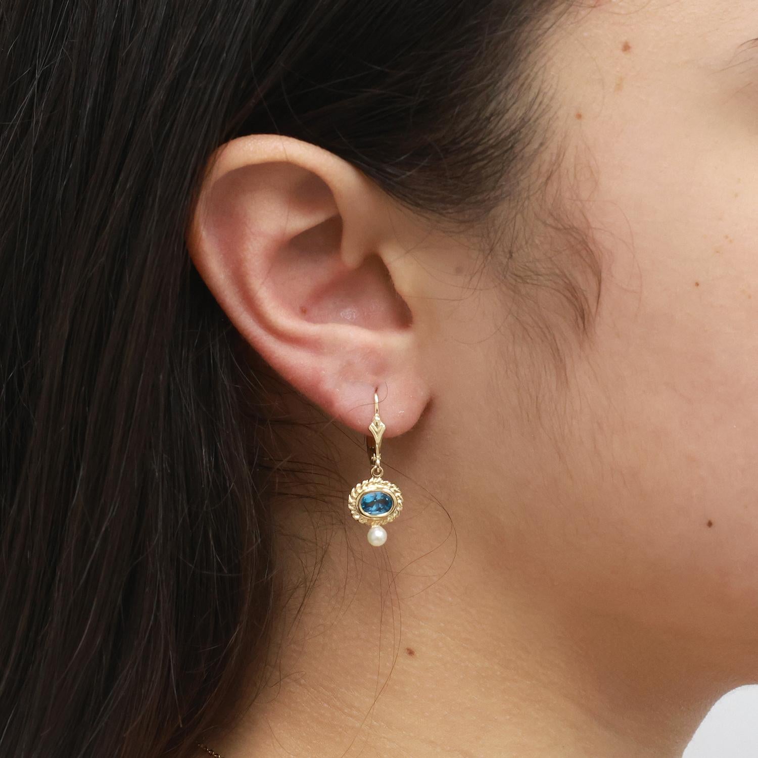 Blue Topaz Drop Earrings 10K Yellow Gold Freshwater Pearl Accents 1.05" Ladies