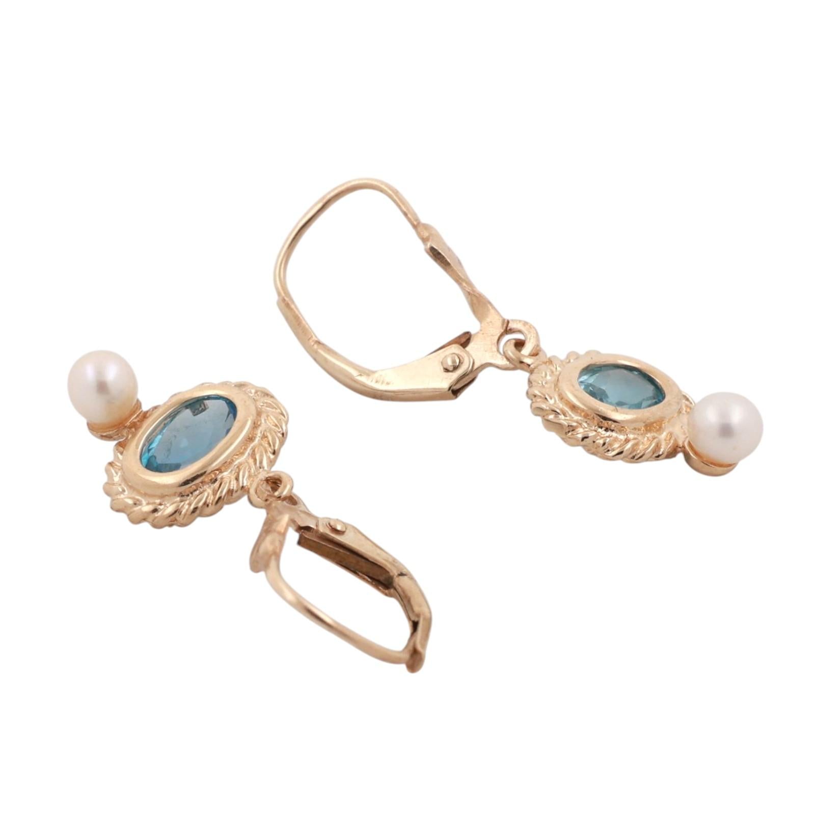 Blue Topaz Drop Earrings 10K Yellow Gold Freshwater Pearl Accents 1.05" Ladies