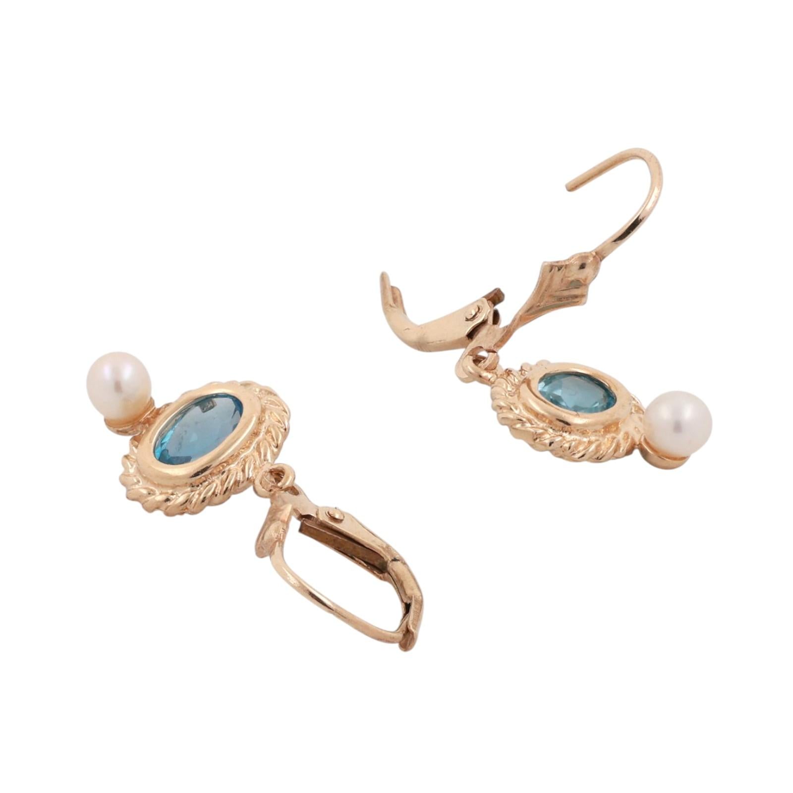 Blue Topaz Drop Earrings 10K Yellow Gold Freshwater Pearl Accents 1.05" Ladies