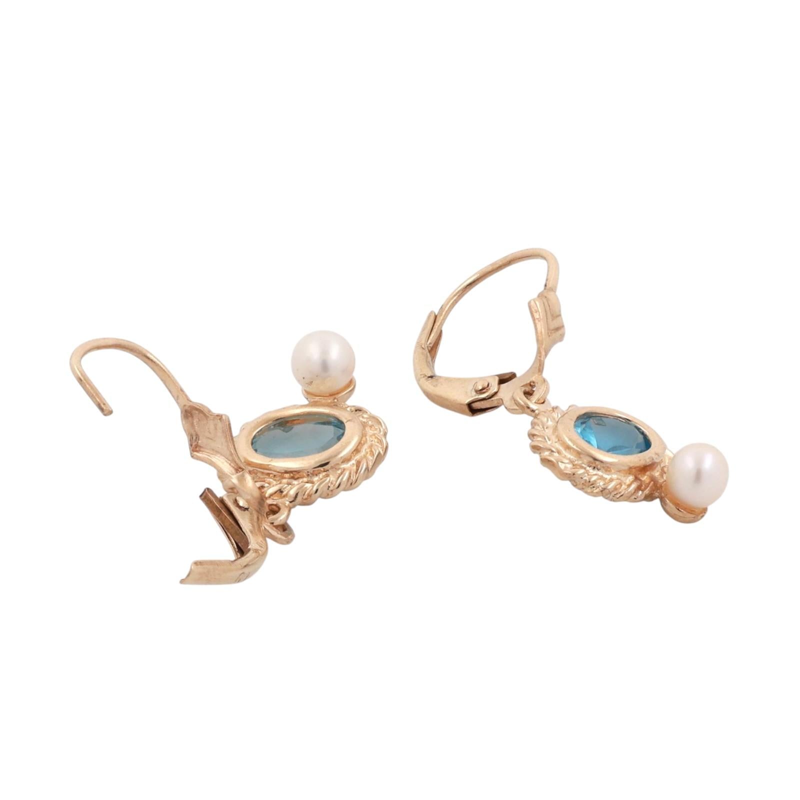 Blue Topaz Drop Earrings 10K Yellow Gold Freshwater Pearl Accents 1.05" Ladies