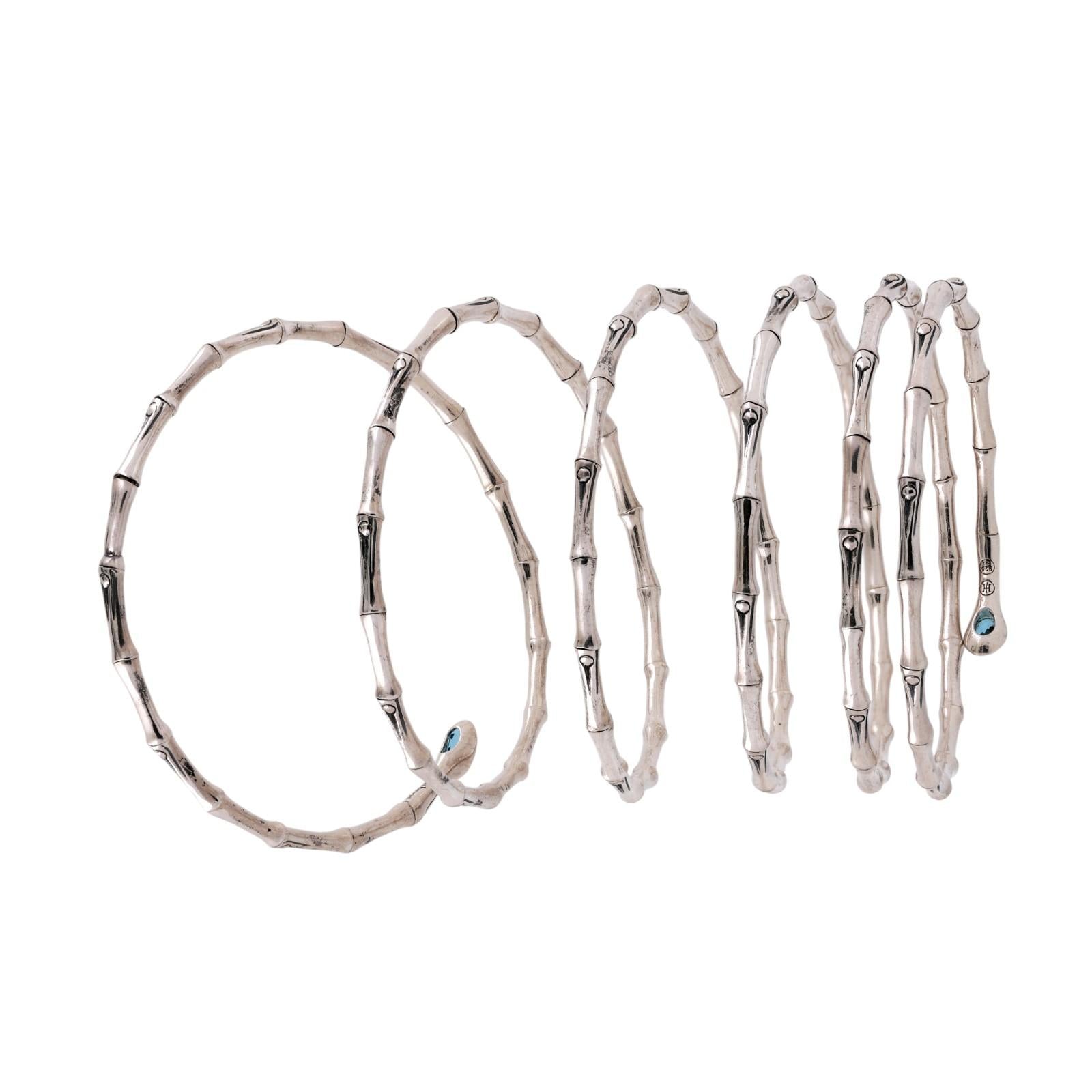 John Hardy Bamboo 5 Coil Blue Topaz Accents Bangle Bracelet Sterling Silver 7"