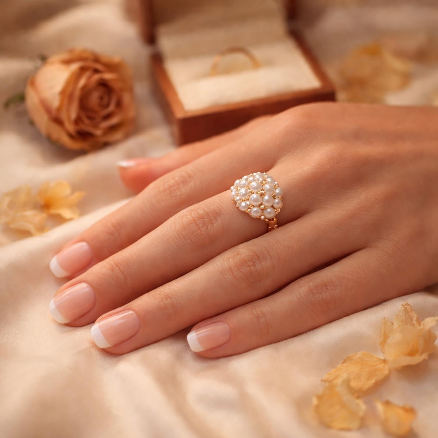 Cluster Akoya Pearl Dome Ring 18K Yellow Gold Size 3.25 Ladies Estate