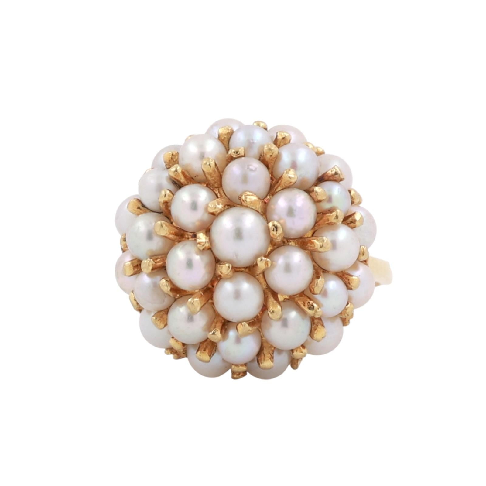 Cluster Akoya Pearl Dome Ring 18K Yellow Gold Size 3.25 Ladies Estate