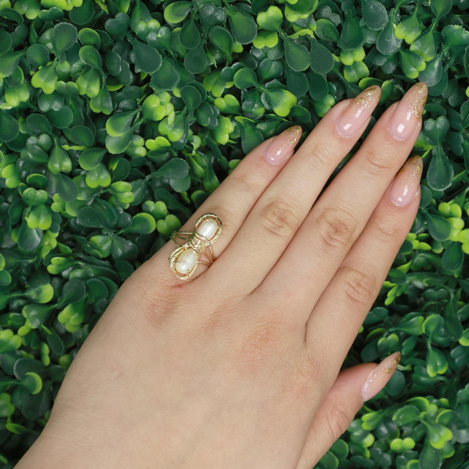 Vintage Freshwater Pearl Diamond Full Finger Ring 14K Yellow Gold Size 5.5