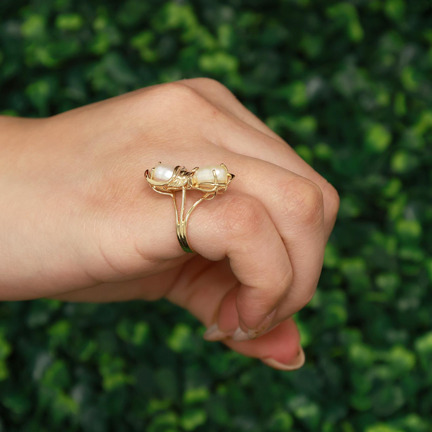 Vintage Freshwater Pearl Diamond Full Finger Ring 14K Yellow Gold Size 5.5