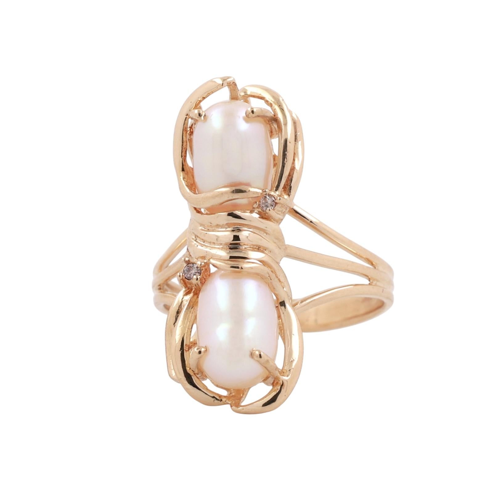 Vintage Freshwater Pearl Diamond Full Finger Ring 14K Yellow Gold Size 5.5