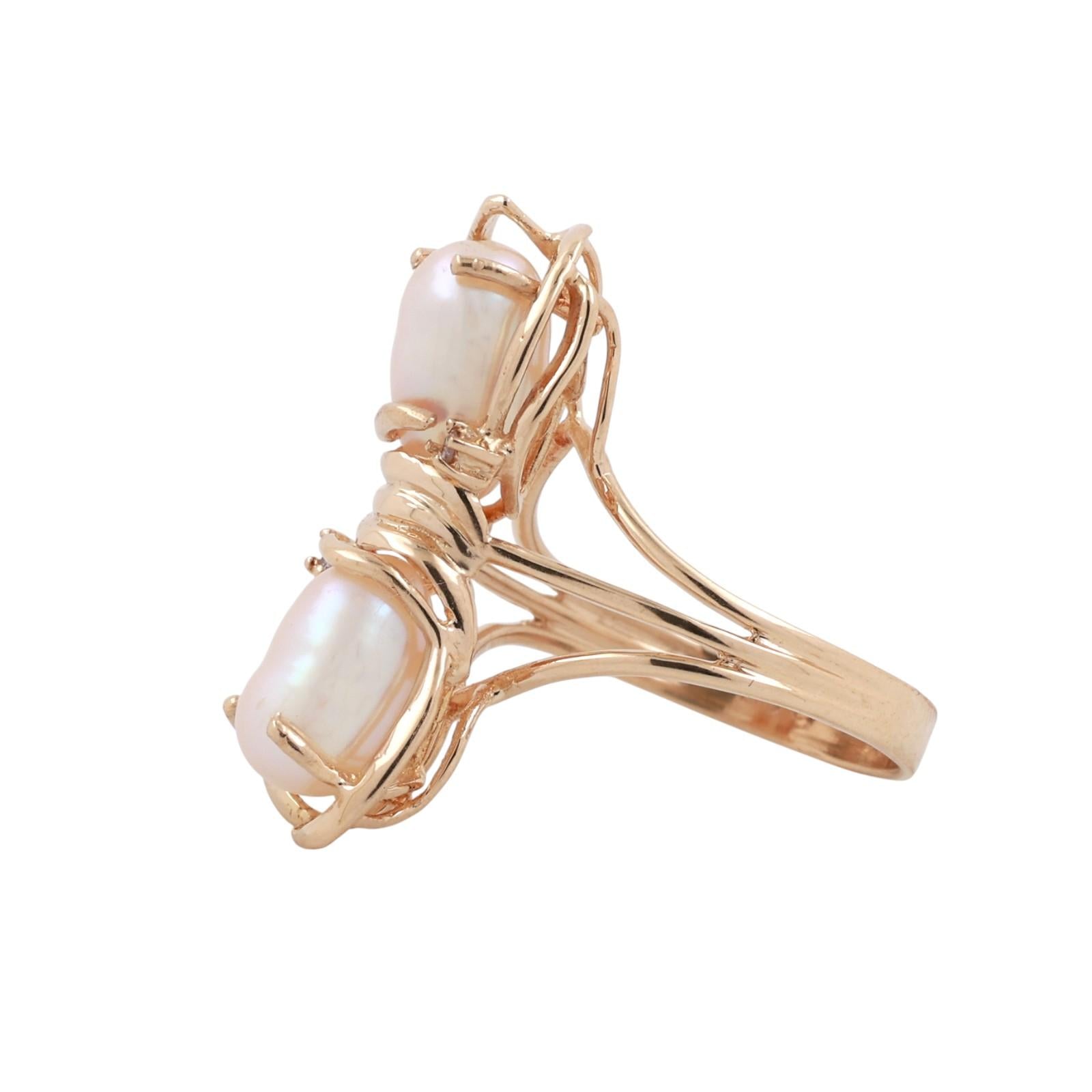 Vintage Freshwater Pearl Diamond Full Finger Ring 14K Yellow Gold Size 5.5