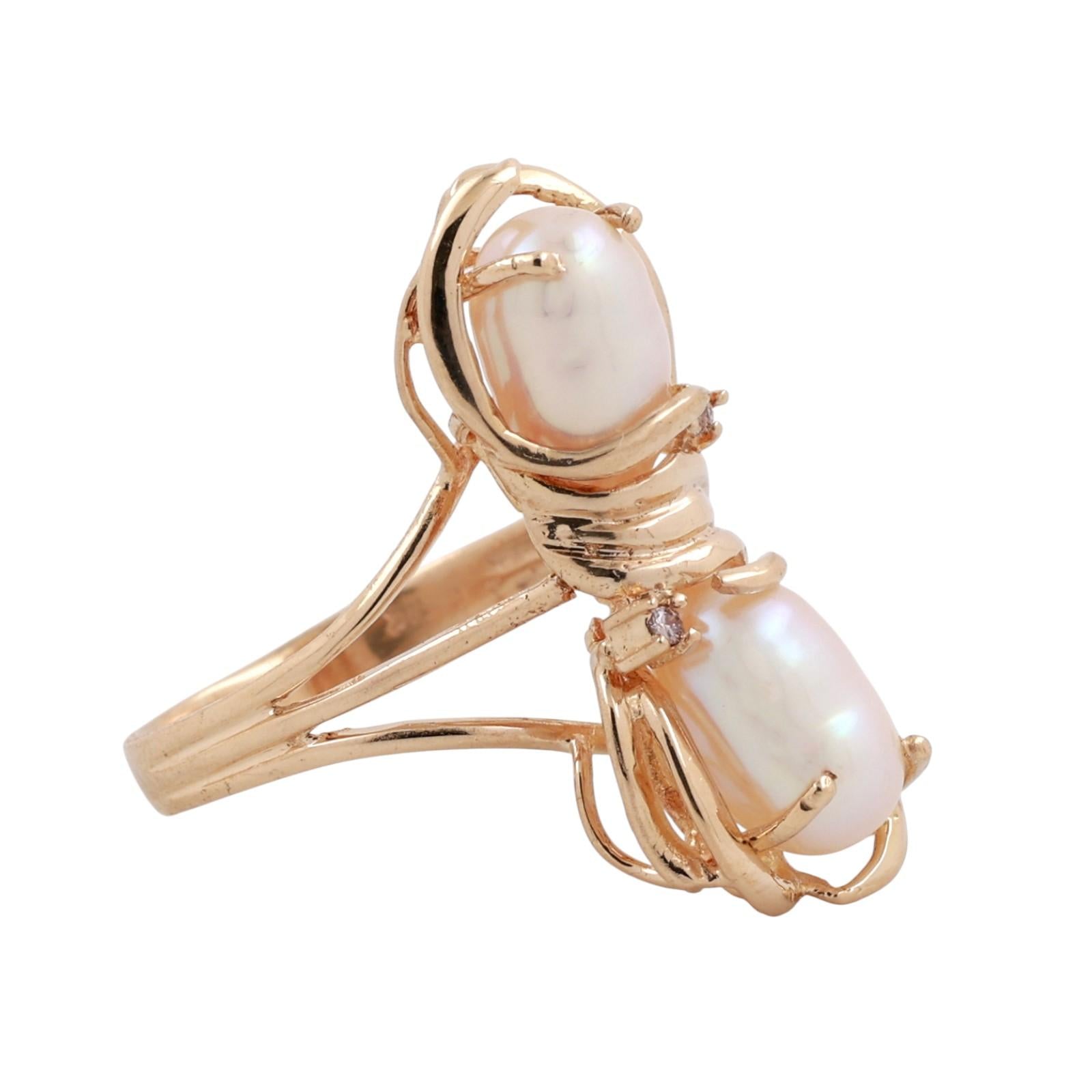 Vintage Freshwater Pearl Diamond Full Finger Ring 14K Yellow Gold Size 5.5