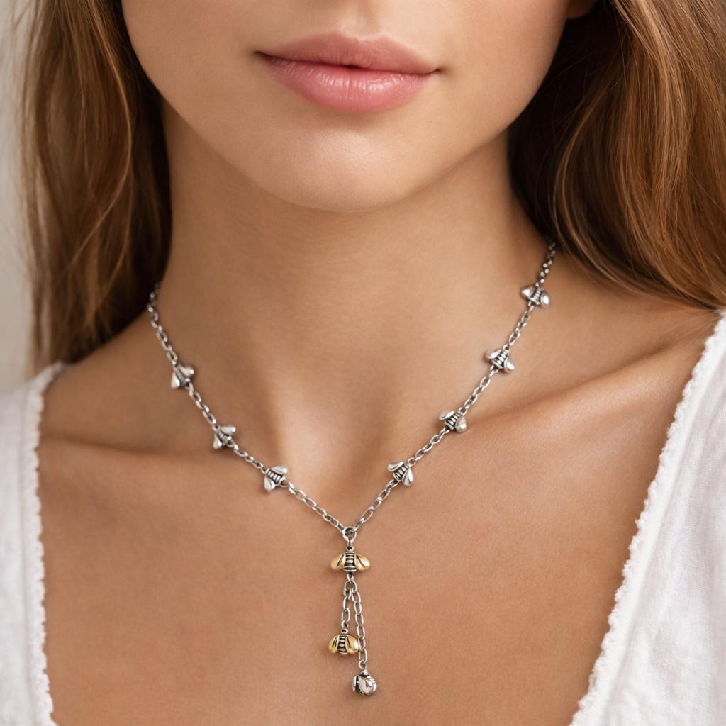 SAINT BY SARAH JANE 18K Yellow Gold Sterling Silver Bee Dangle Necklace 18.5"