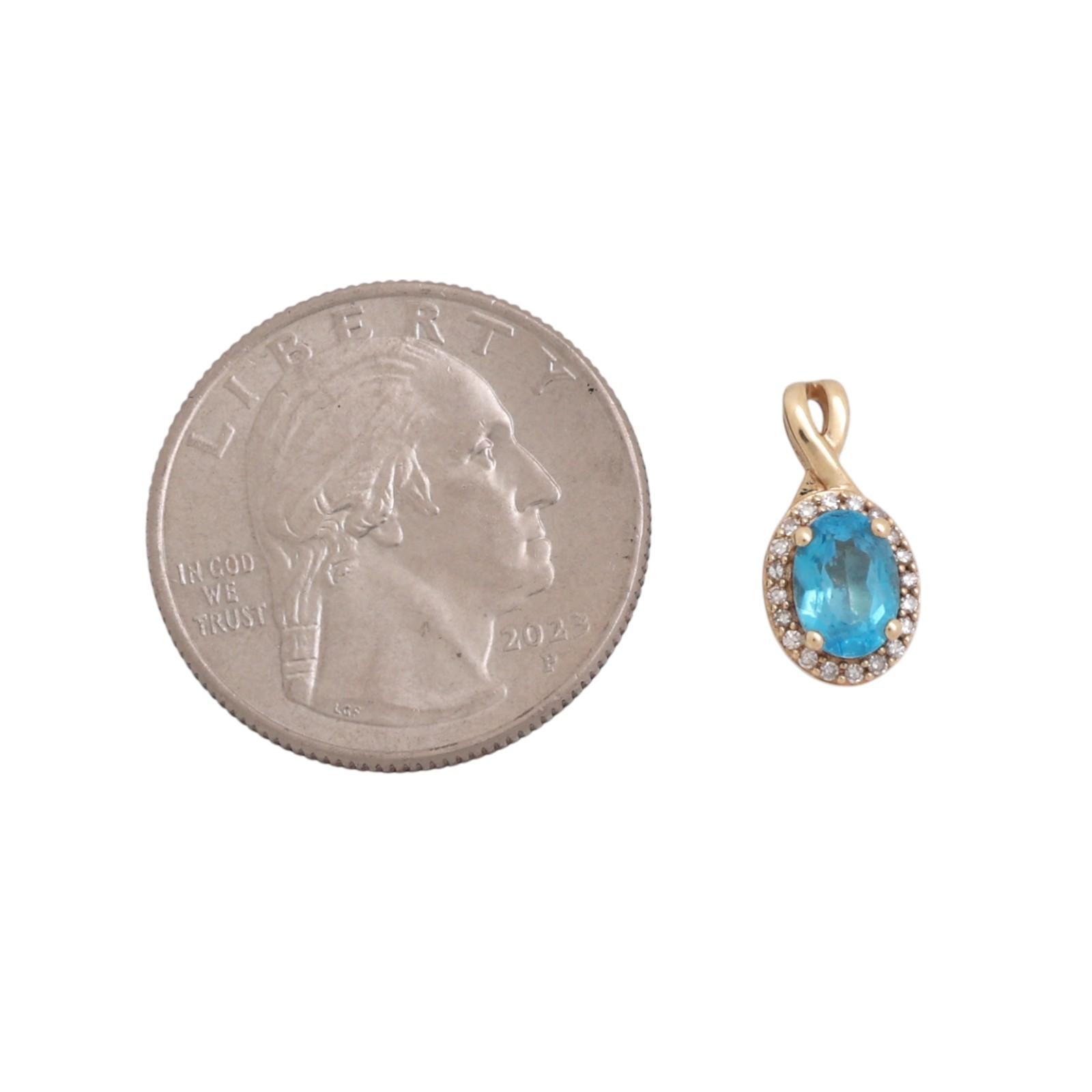 Blue Topaz Diamond Halo Pendant Charm 10K Yellow Gold 1.15 CTW 0.60" Estate