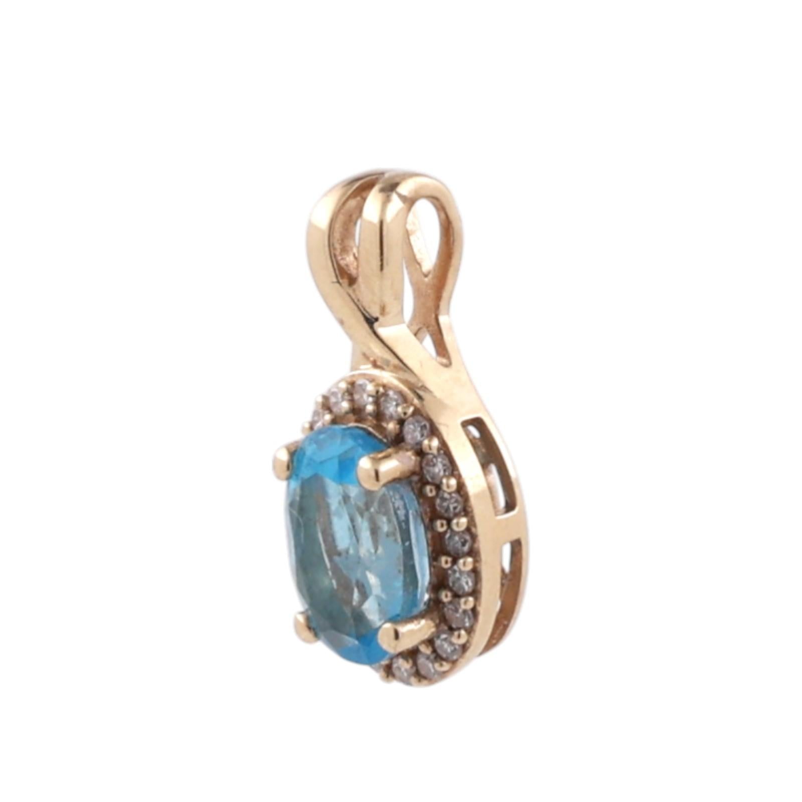 Blue Topaz Diamond Halo Pendant Charm 10K Yellow Gold 1.15 CTW 0.60" Estate