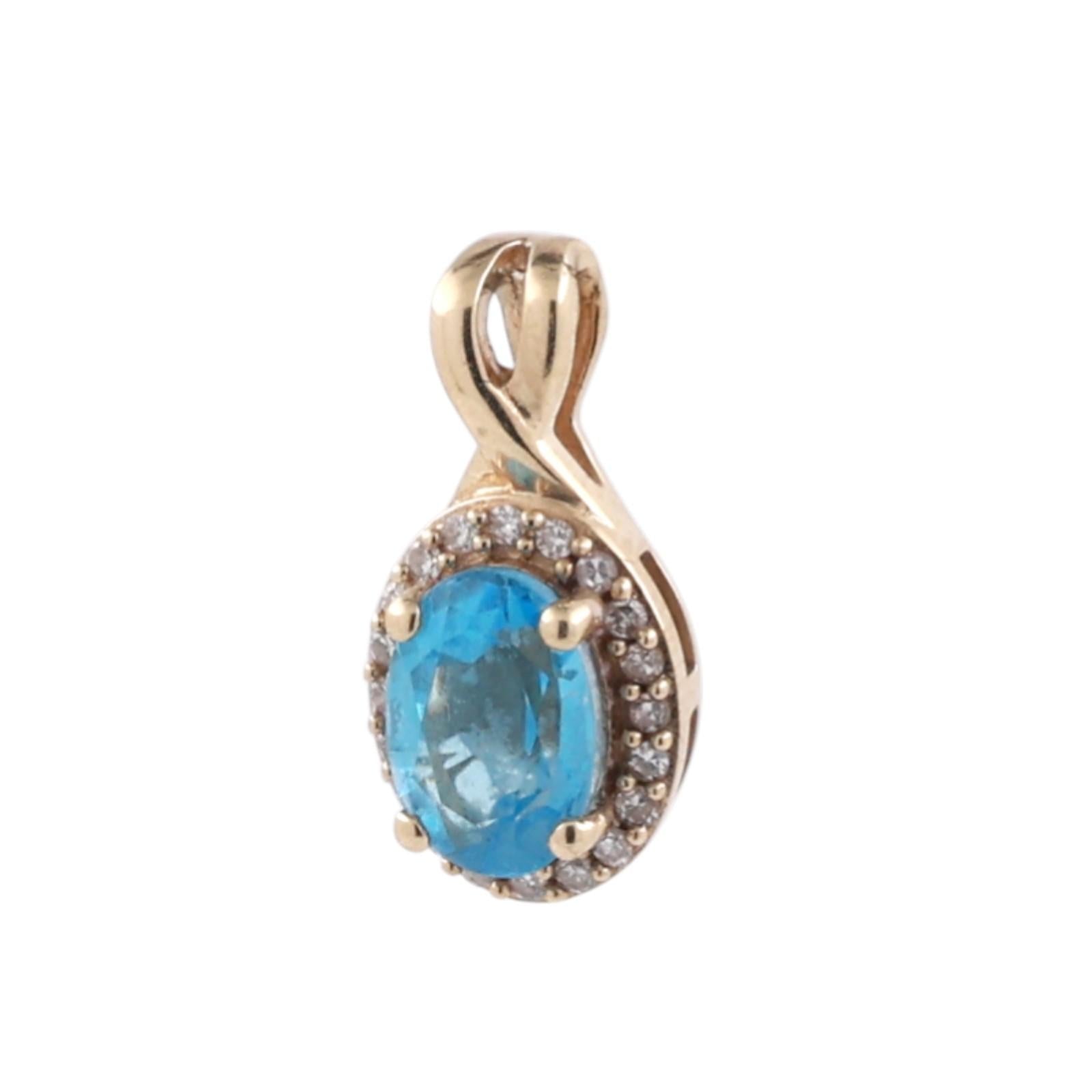 Blue Topaz Diamond Halo Pendant Charm 10K Yellow Gold 1.15 CTW 0.60" Estate