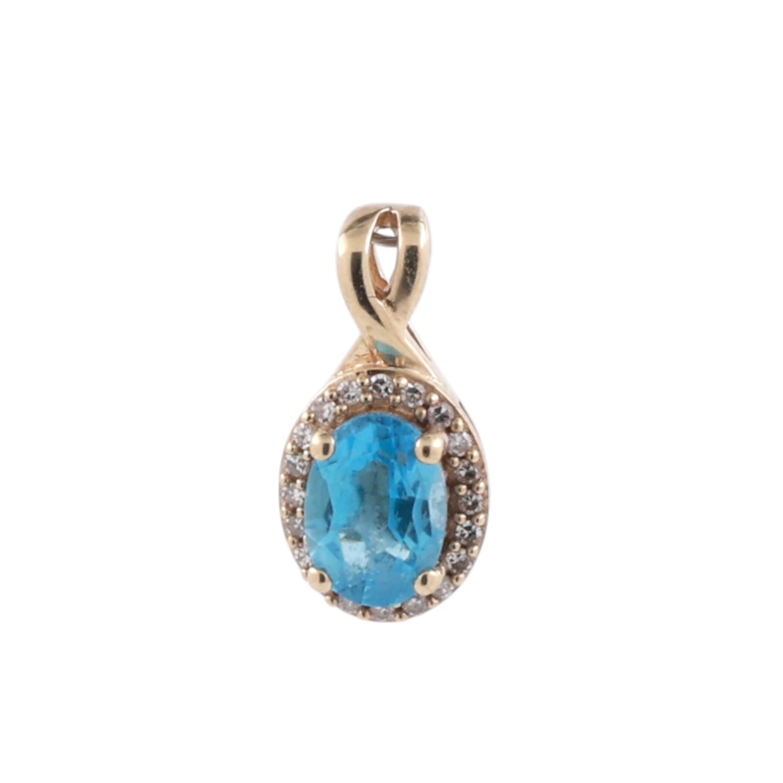 Blue Topaz Diamond Halo Pendant Charm 10K Yellow Gold 1.15 CTW 0.60" Estate