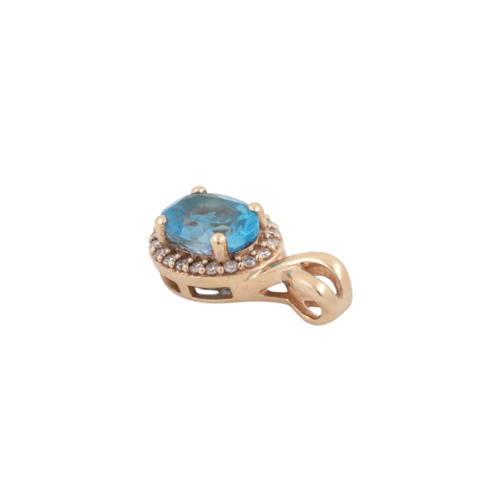 Blue Topaz Diamond Halo Pendant Charm 10K Yellow Gold 1.15 CTW 0.60" Estate