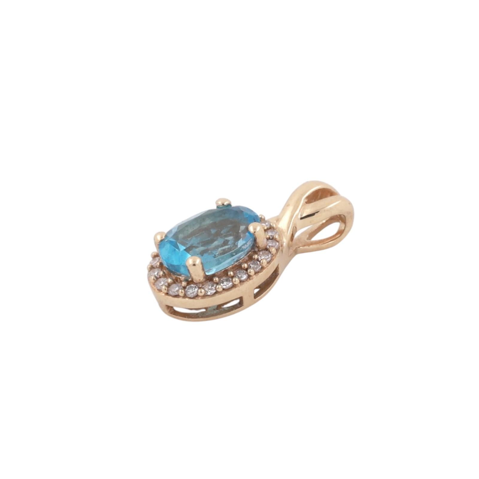 Blue Topaz Diamond Halo Pendant Charm 10K Yellow Gold 1.15 CTW 0.60" Estate