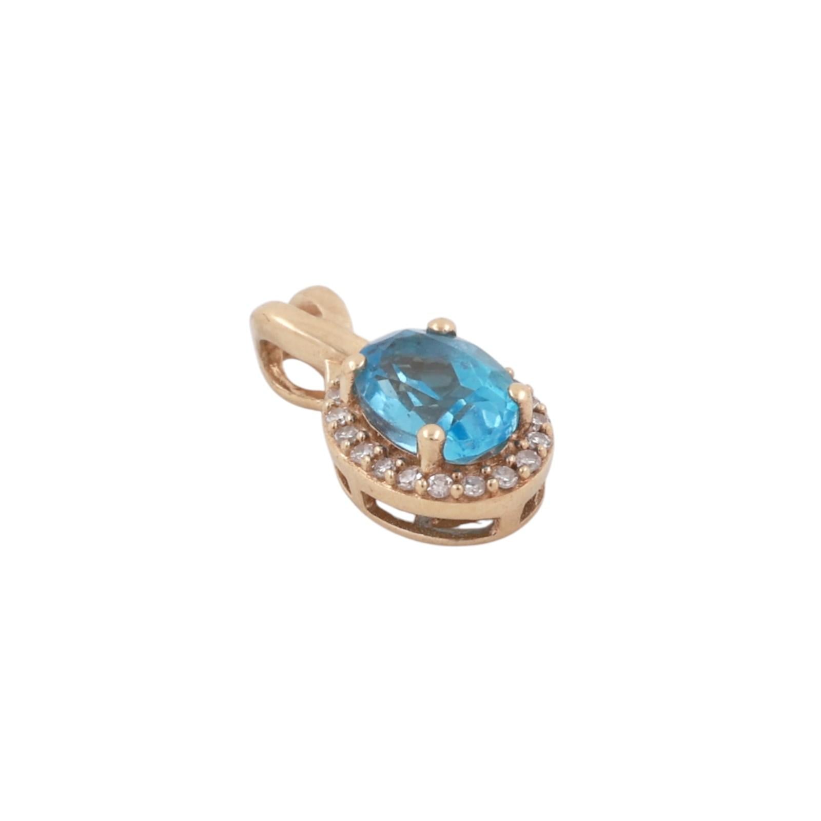 Blue Topaz Diamond Halo Pendant Charm 10K Yellow Gold 1.15 CTW 0.60" Estate
