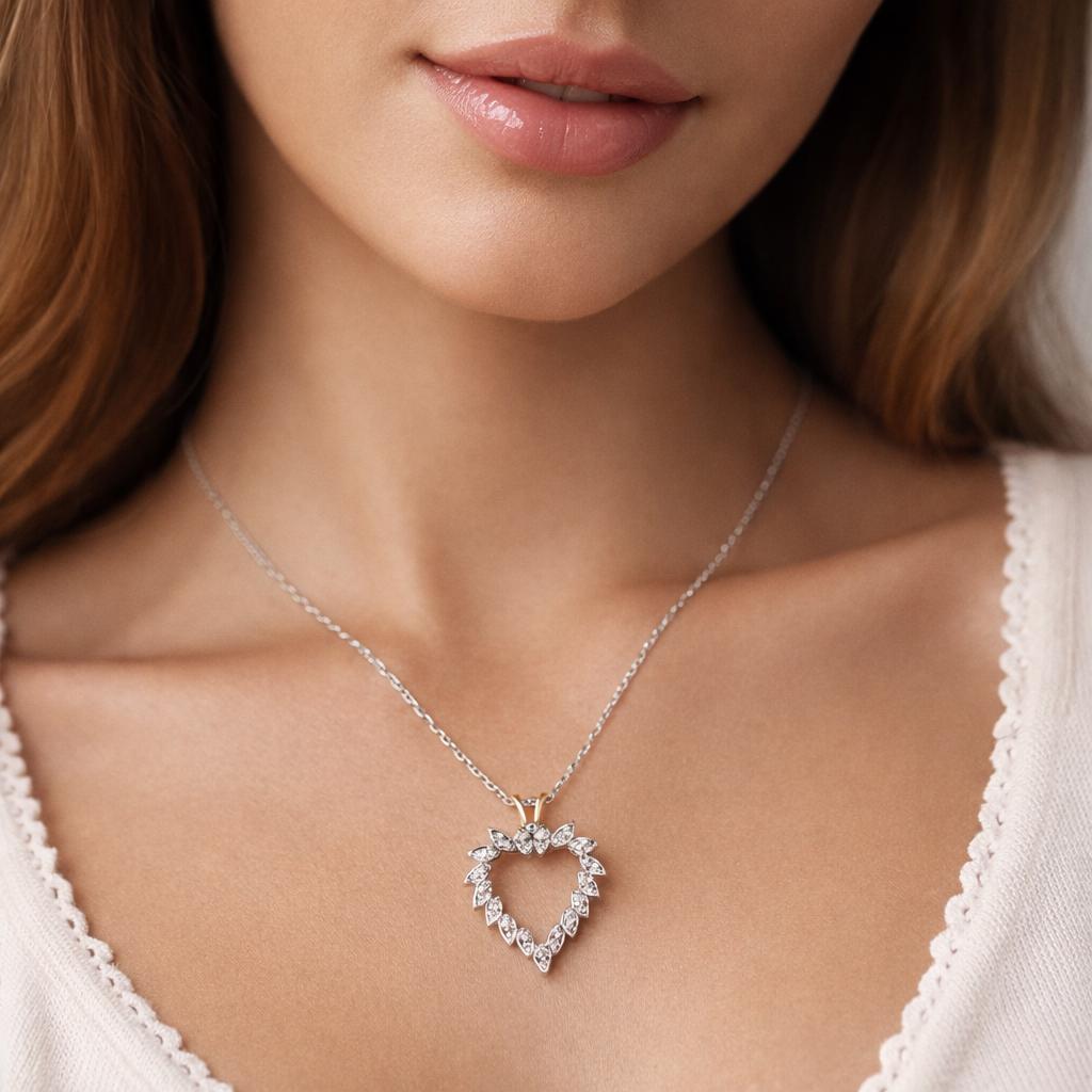 Diamond Open Heart Pendant Cable Chain Necklace 14K Gold 0.50 TW 16" Ladies