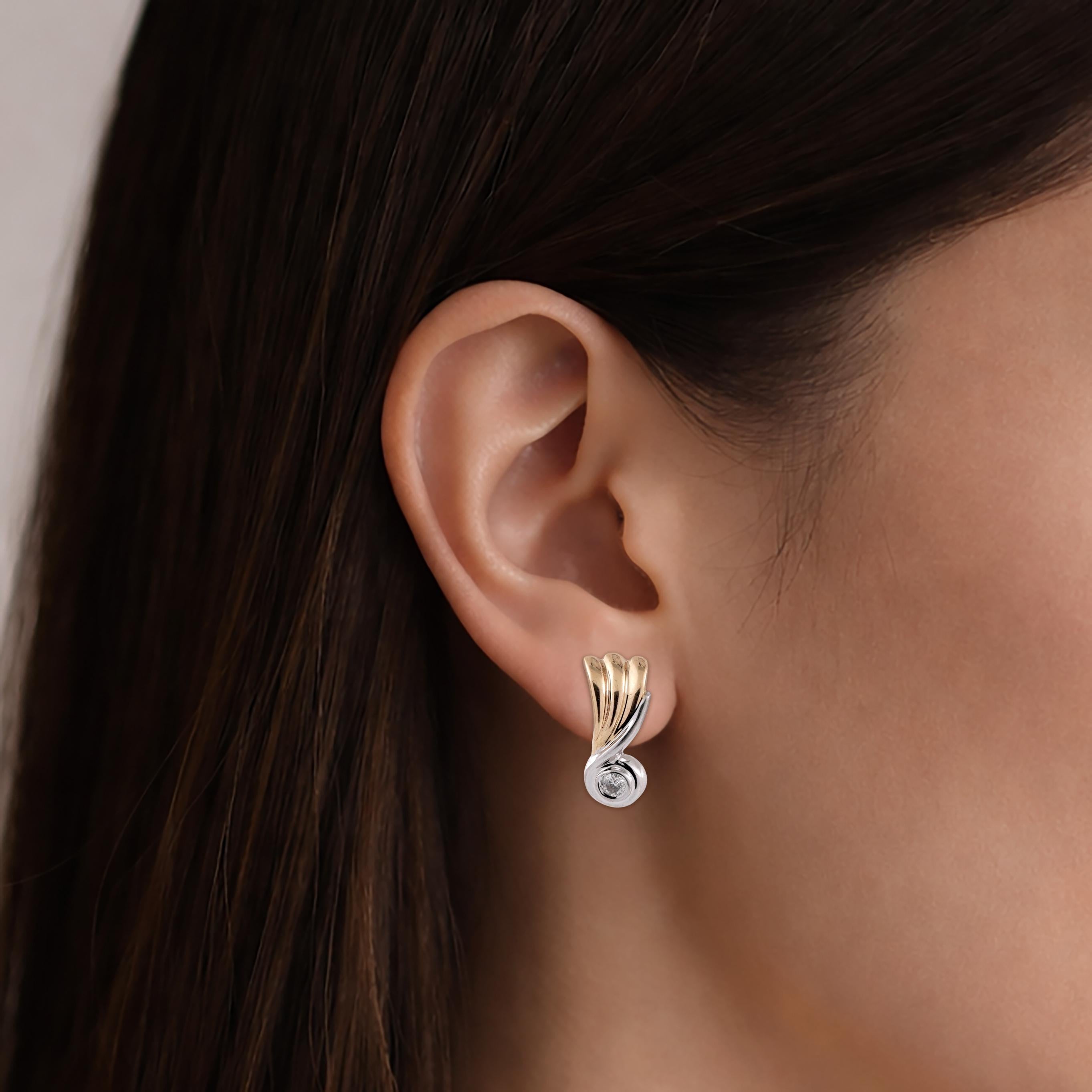 Diamond Swirl Drop Earrings 14K Two-Tone Gold 0.25 TW 0.55" Ladies Estate