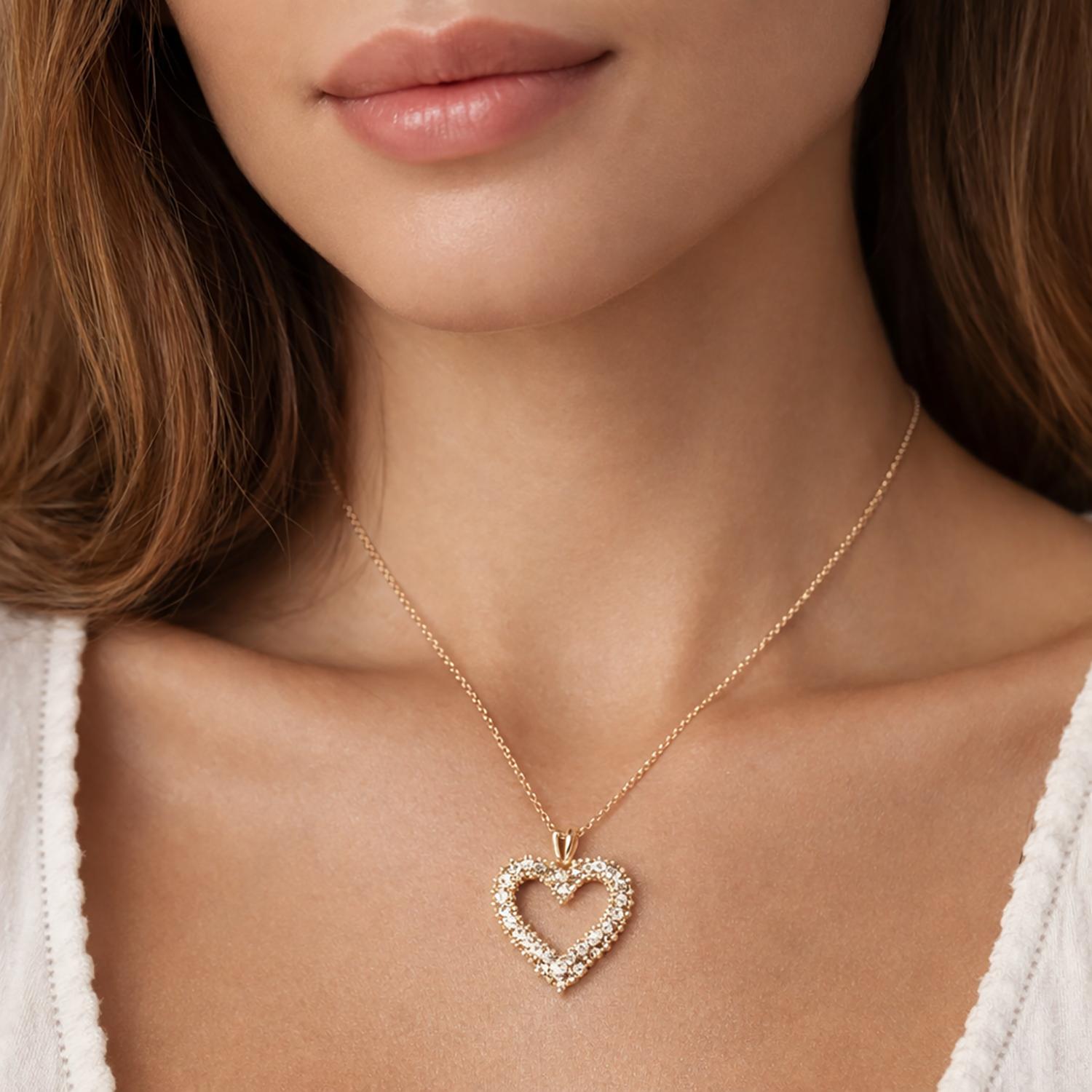 1.50 TW Diamond Open Heart Pendant Cable Chain Necklace 14K Yellow Gold 16.25"