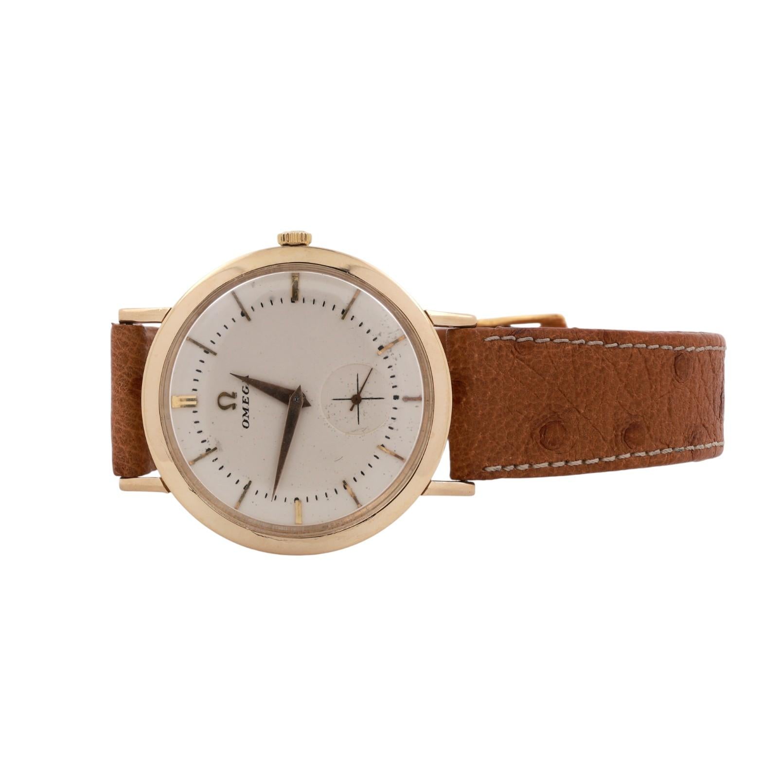 Vintage Omega Watch 18K Yellow Gold 35 mm Leather Band Mens Estate