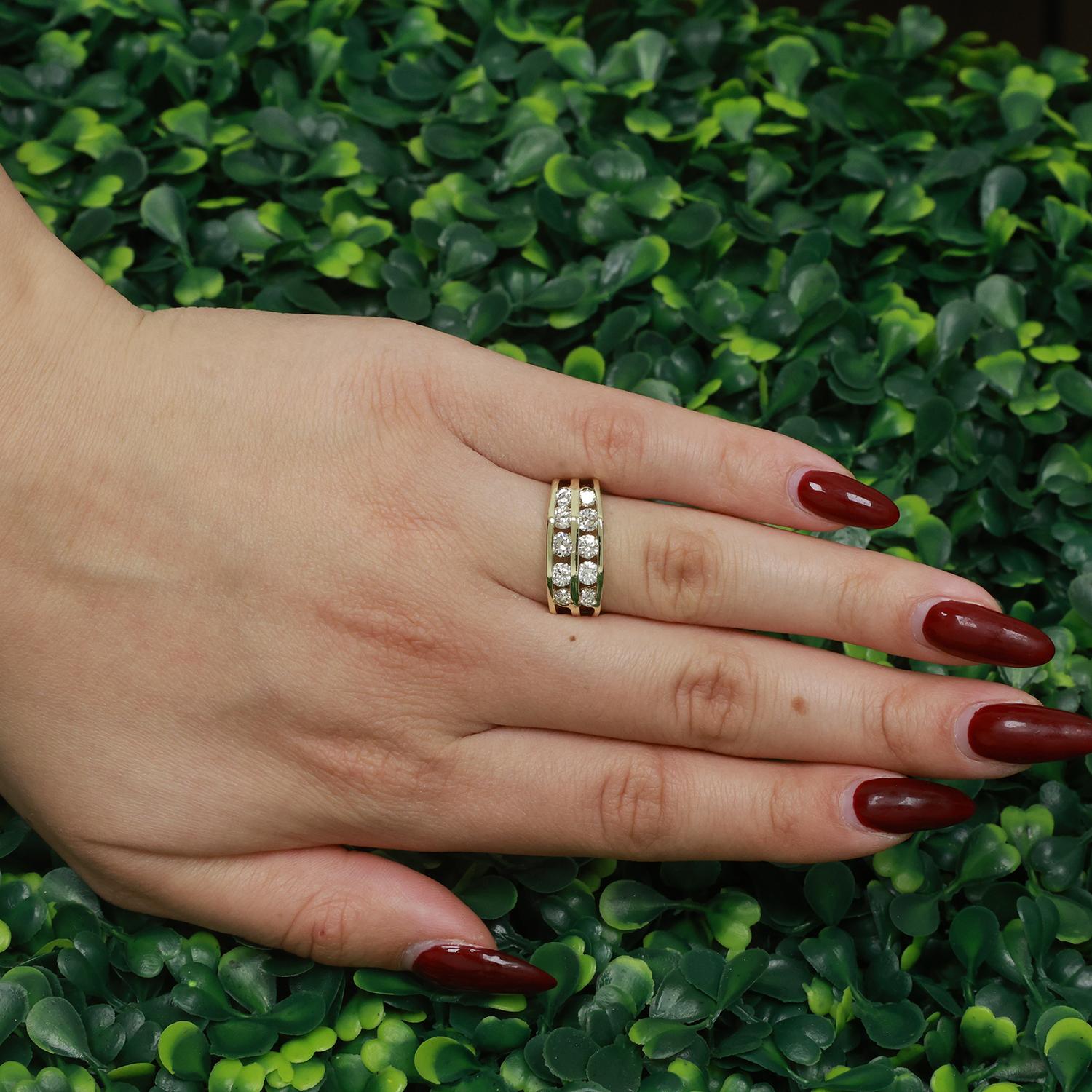 2-Row Diamond Band Ring Yellow Gold 1.30 TW Channel Set Diamonds Size 8.5 Unisex