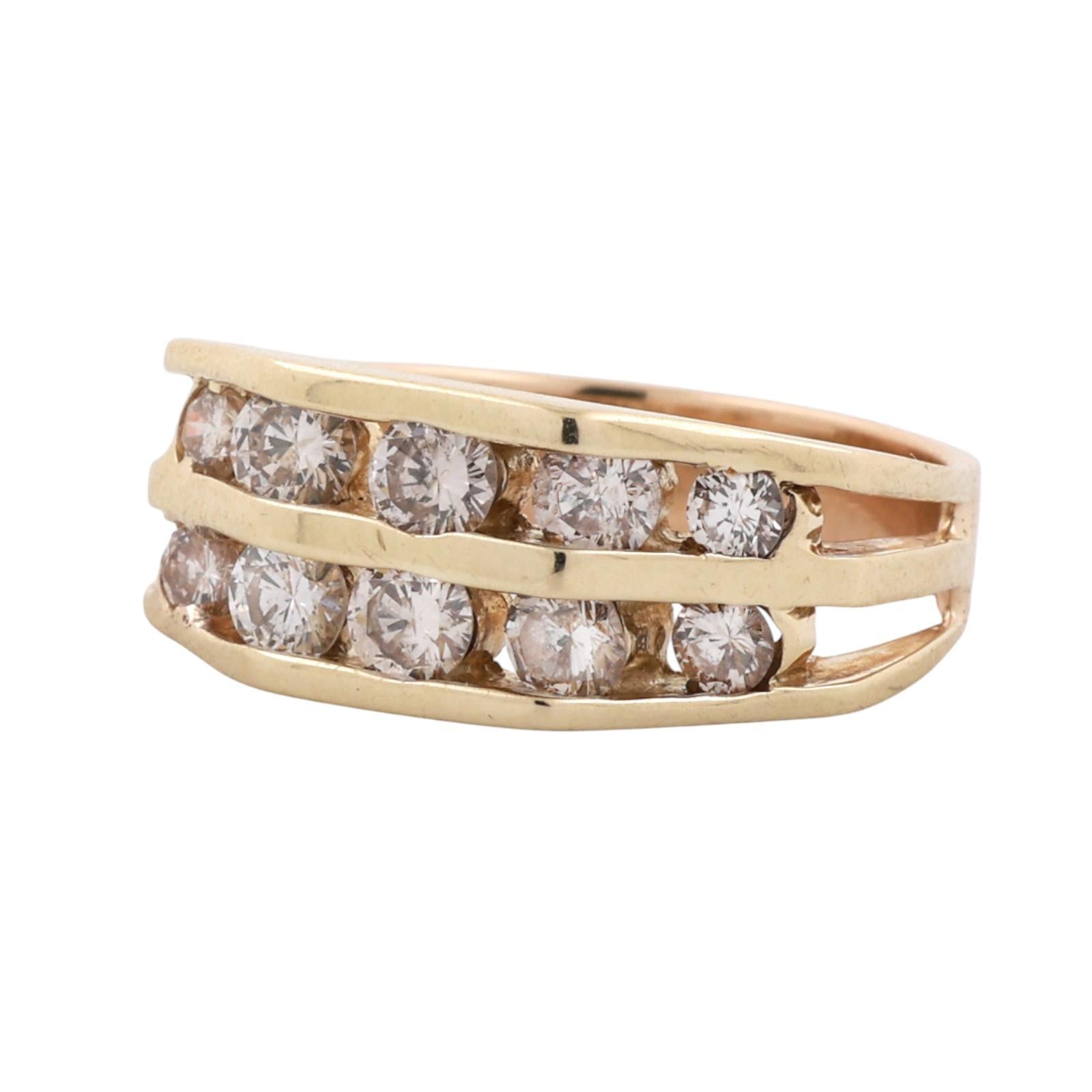 2-Row Diamond Band Ring Yellow Gold 1.30 TW Channel Set Diamonds Size 8.5 Unisex