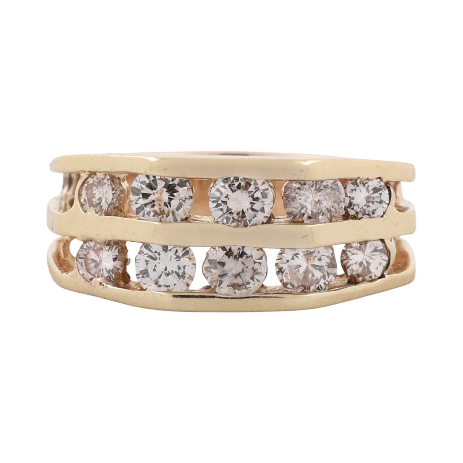 2-Row Diamond Band Ring Yellow Gold 1.30 TW Channel Set Diamonds Size 8.5 Unisex