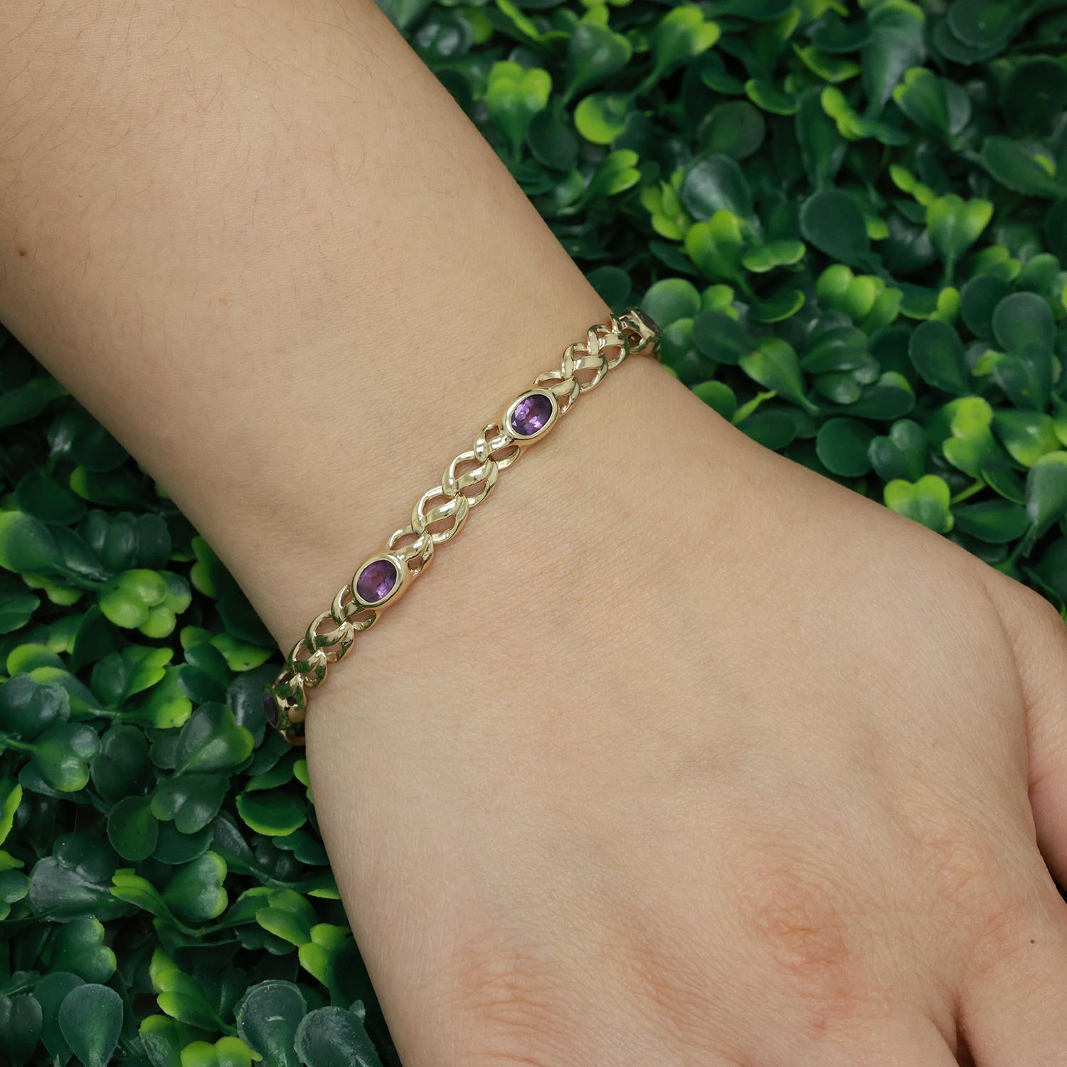 Amethyst Gemstone Station Bracelet 9K Yellow Gold 2.64 CTW Oval Gems 7.5"