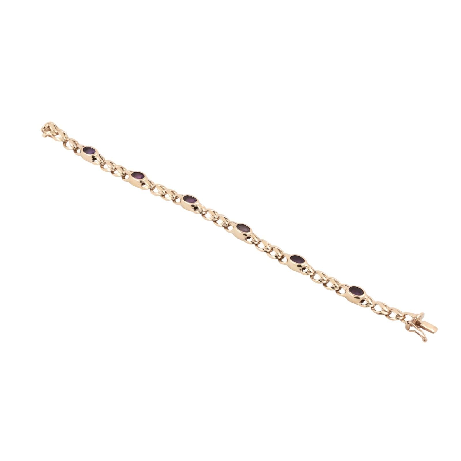 Amethyst Gemstone Station Bracelet 9K Yellow Gold 2.64 CTW Oval Gems 7.5"