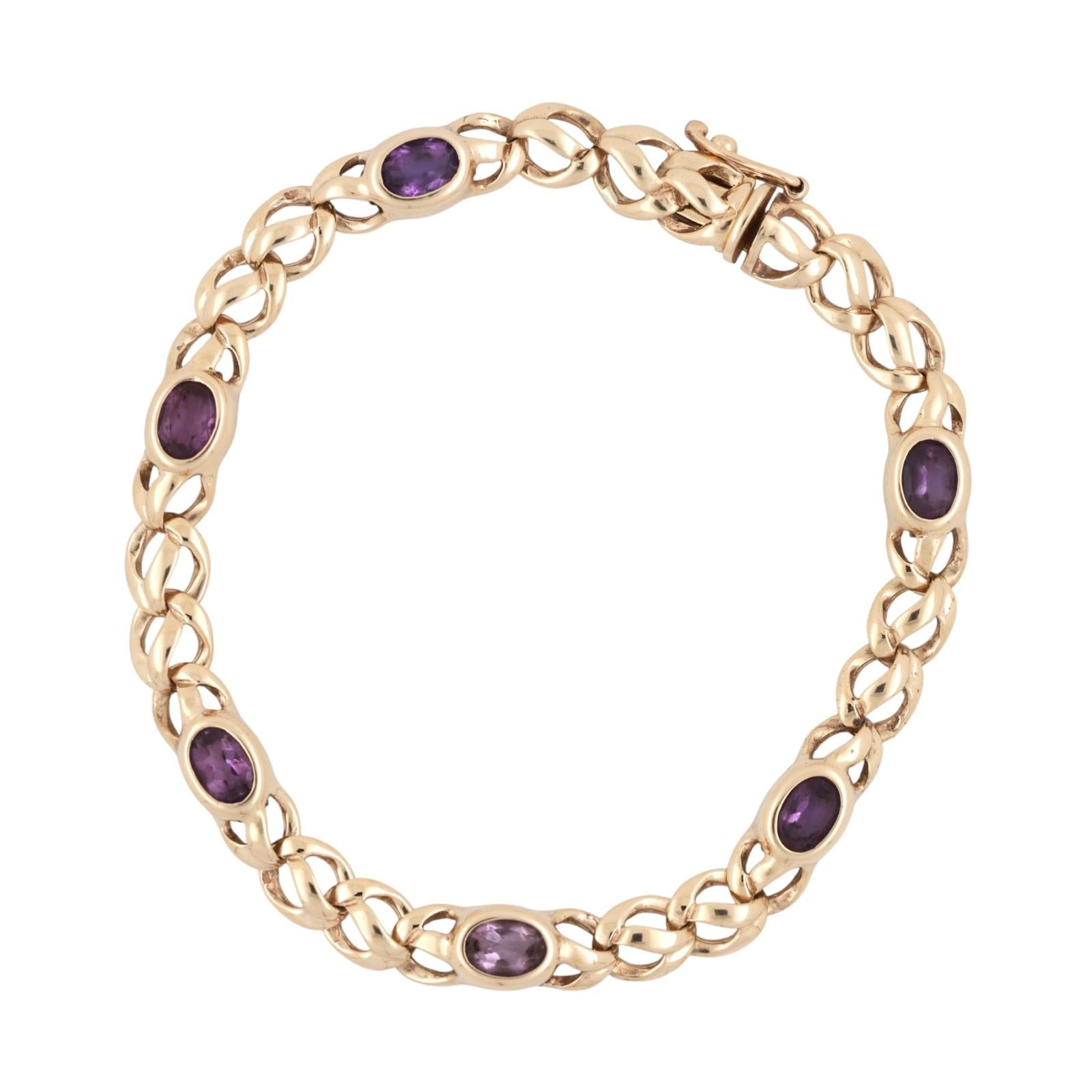 Amethyst Gemstone Station Bracelet 9K Yellow Gold 2.64 CTW Oval Gems 7.5"