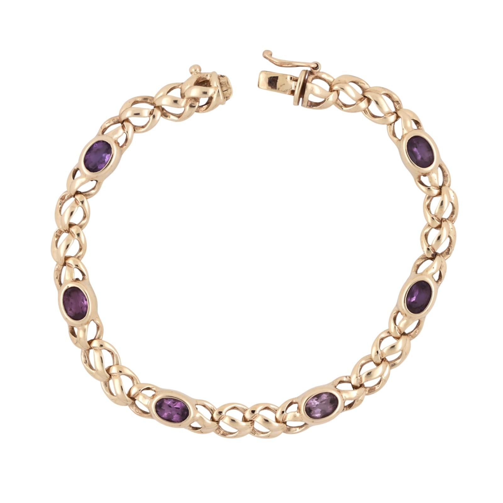 Amethyst Gemstone Station Bracelet 9K Yellow Gold 2.64 CTW Oval Gems 7.5"
