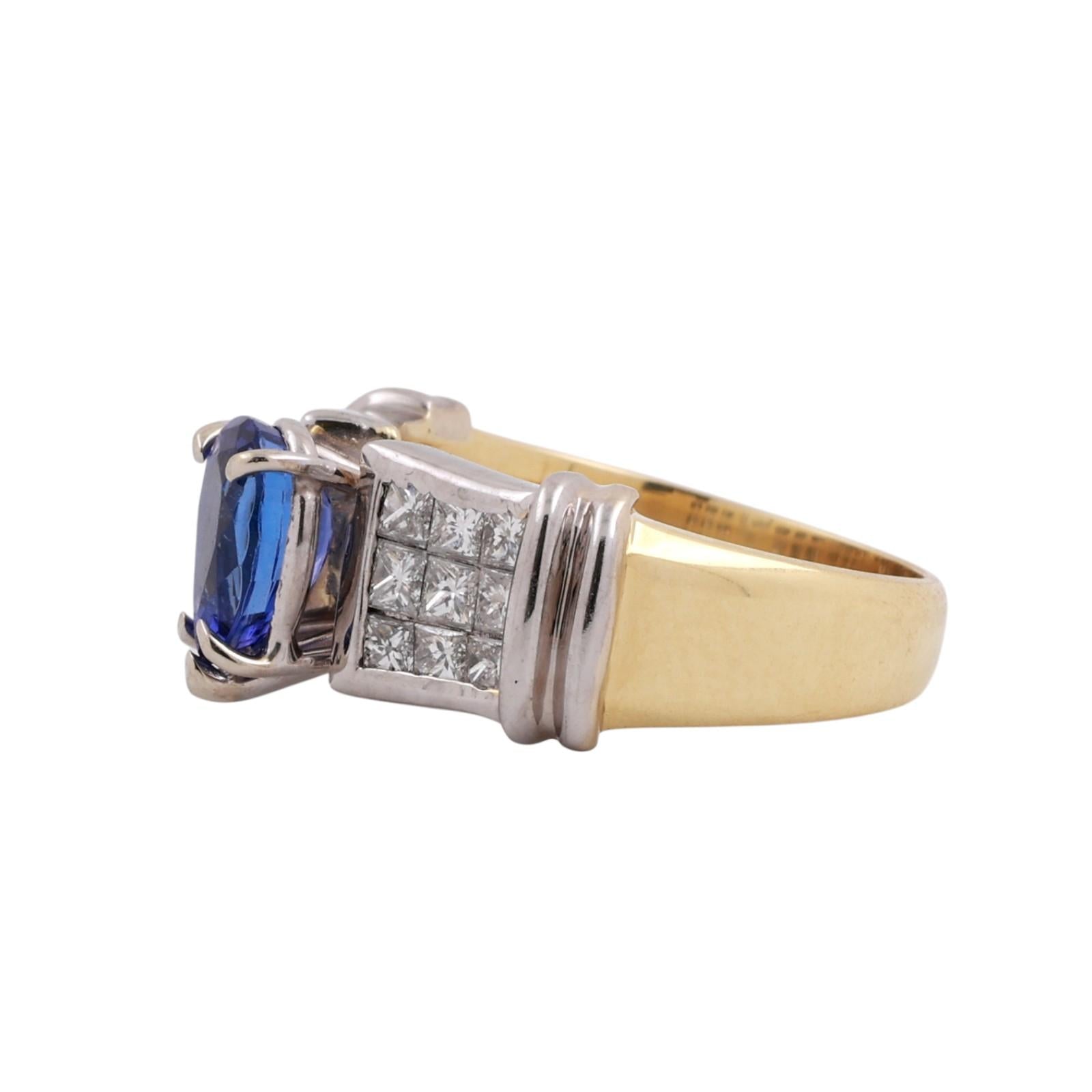 18K Two Tone Gold Tanzanite & Princess Cut Diamond Ring 1.80 CTW Pear Size 6