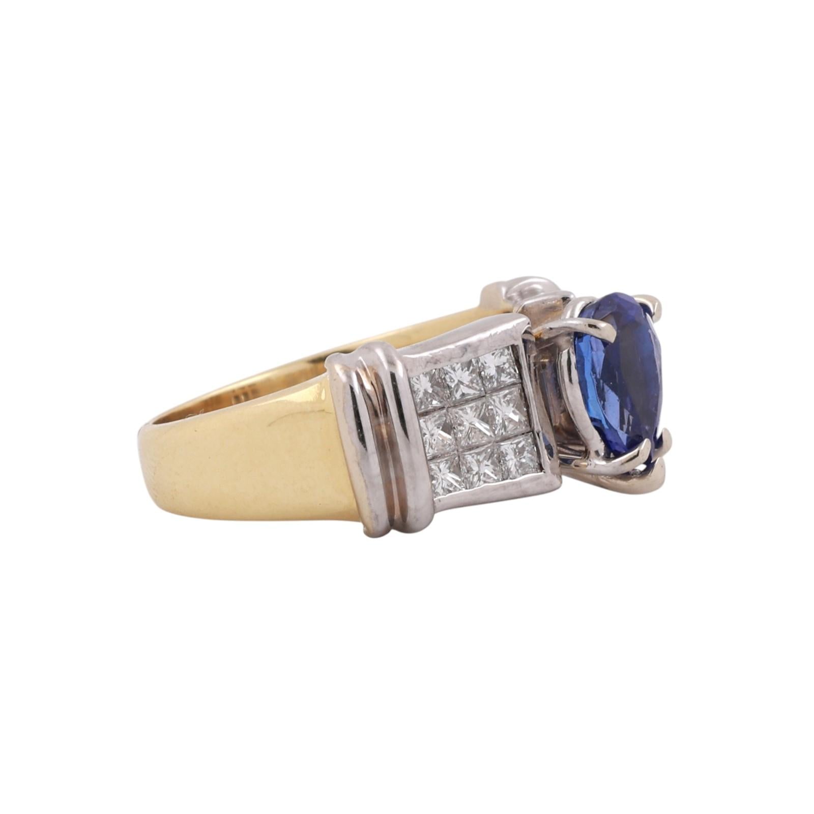 18K Two Tone Gold Tanzanite & Princess Cut Diamond Ring 1.80 CTW Pear Size 6