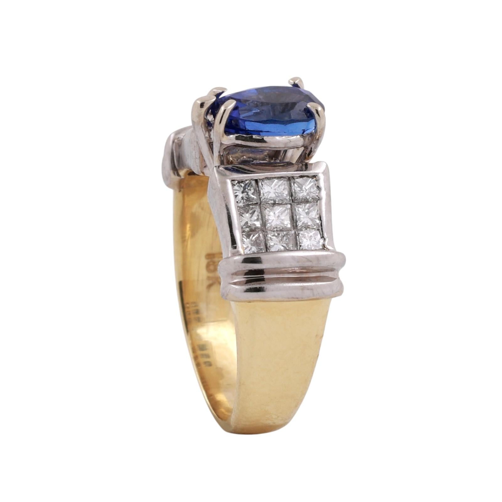 18K Two Tone Gold Tanzanite & Princess Cut Diamond Ring 1.80 CTW Pear Size 6