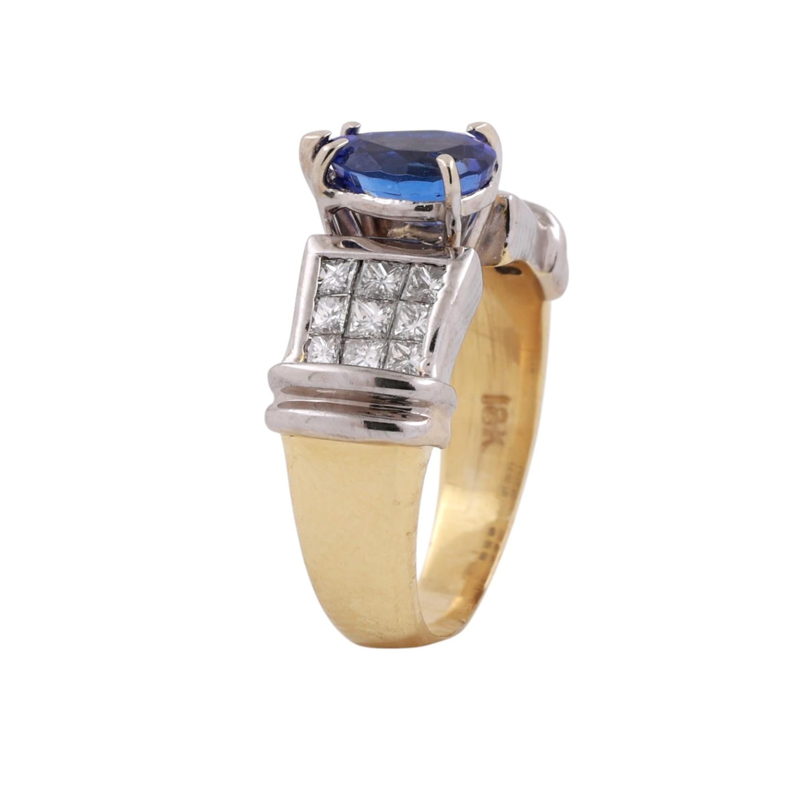 18K Two Tone Gold Tanzanite & Princess Cut Diamond Ring 1.80 CTW Pear Size 6