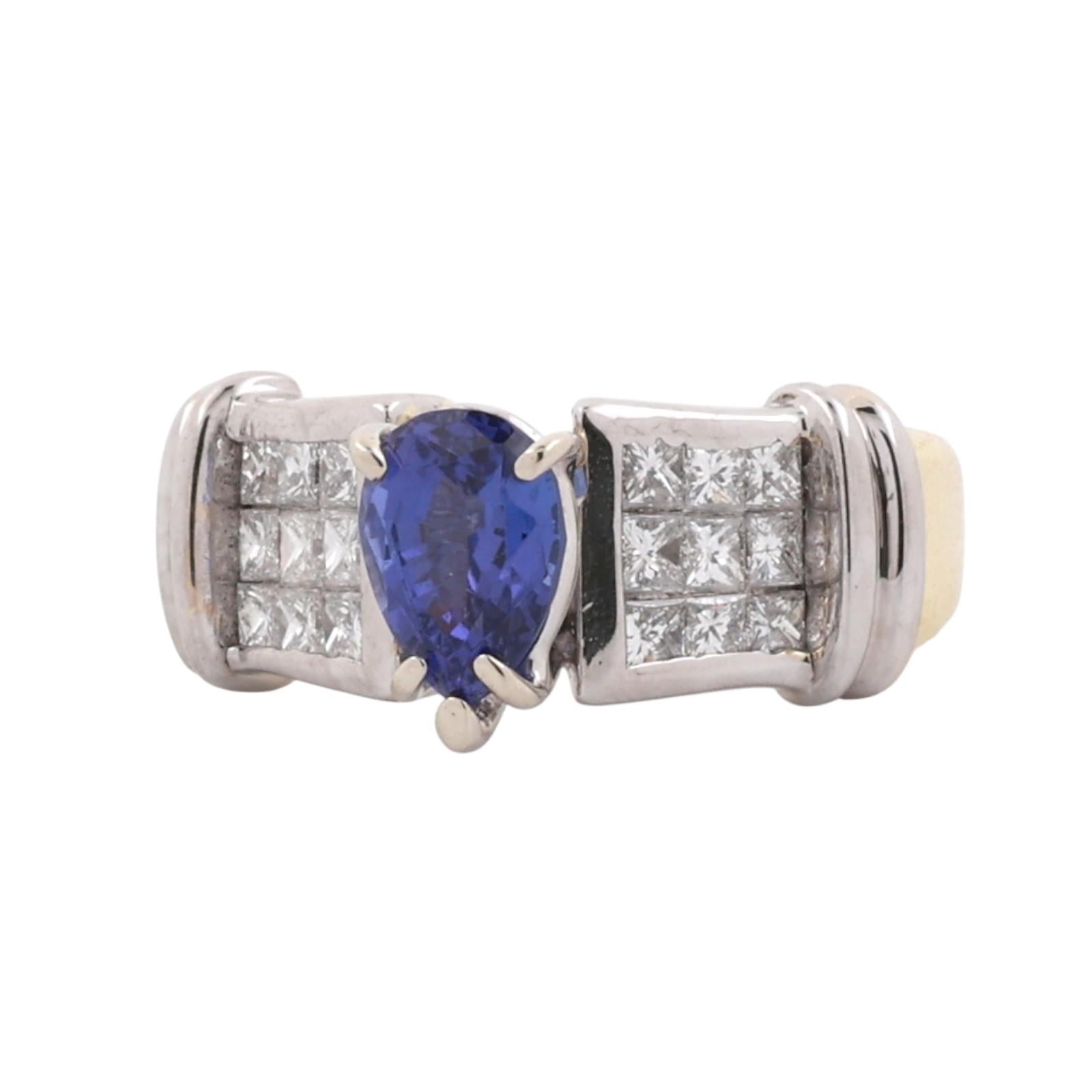 18K Two Tone Gold Tanzanite & Princess Cut Diamond Ring 1.80 CTW Pear Size 6