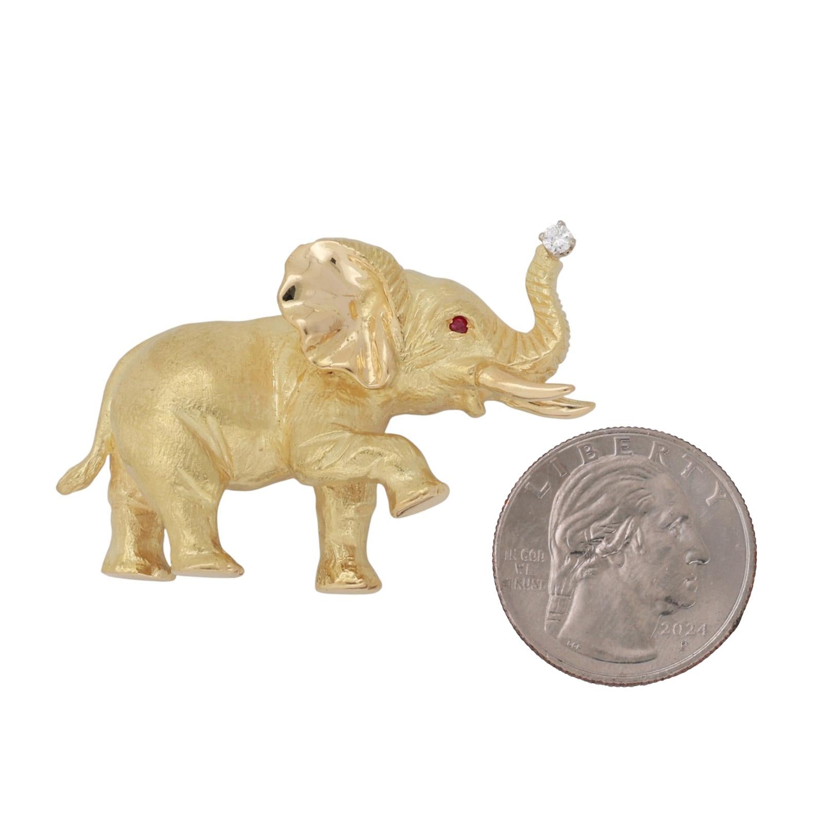 18K Yellow Gold Posing Elephant Brooch Pin Ruby Diamond Accents 2.12" Estate
