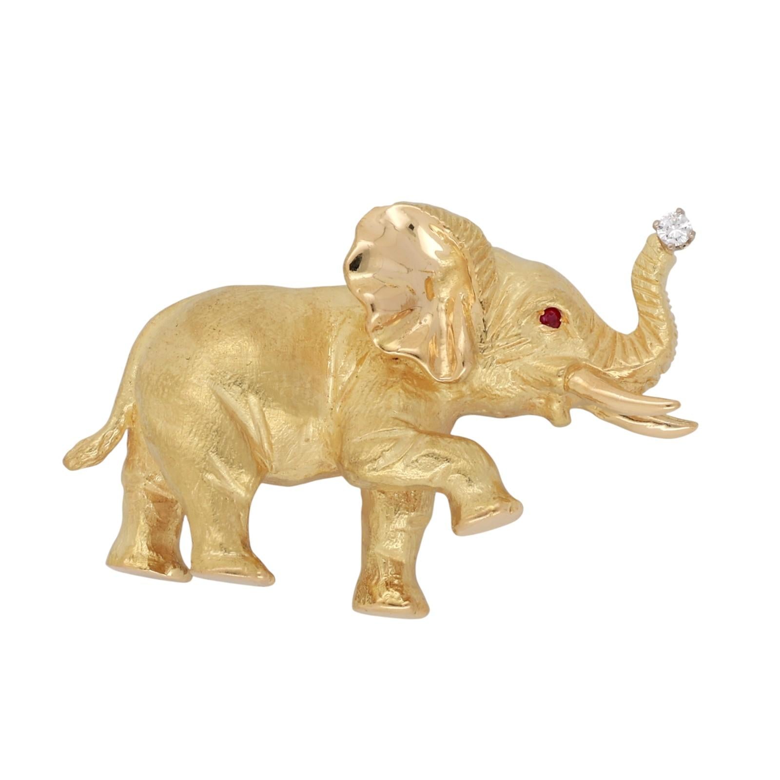 18K Yellow Gold Posing Elephant Brooch Pin Ruby Diamond Accents 2.12" Estate