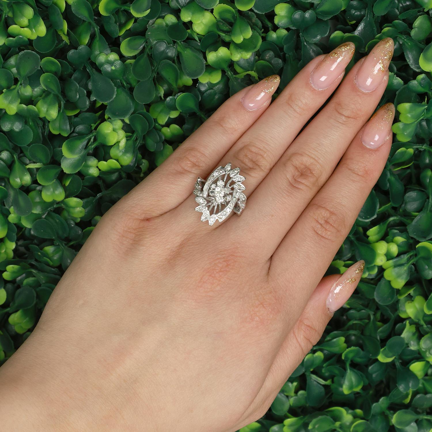 Vintage Diamond Floral Statement Ring White Gold 0.83 TW Size 7.5 Ladies Estate