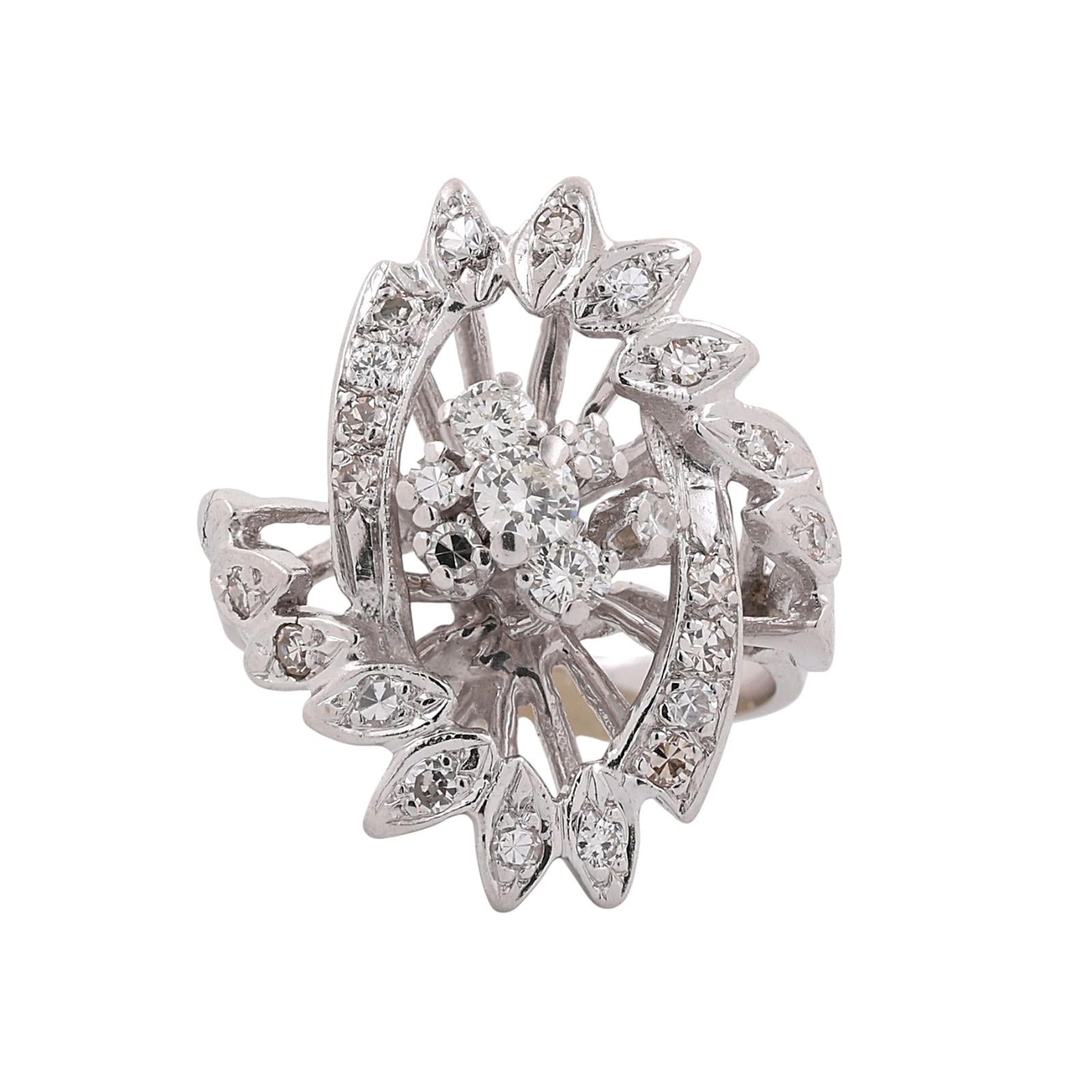 Vintage Diamond Floral Statement Ring White Gold 0.83 TW Size 7.5 Ladies Estate