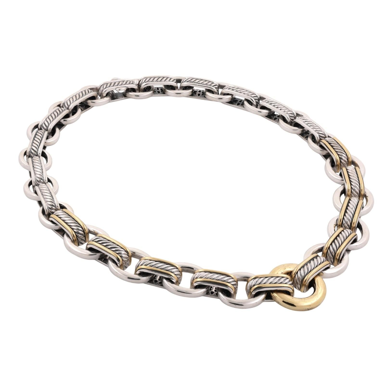 David Yurman Large Cable Ring Link Necklace SS 18K Yellow Gold 16.25"