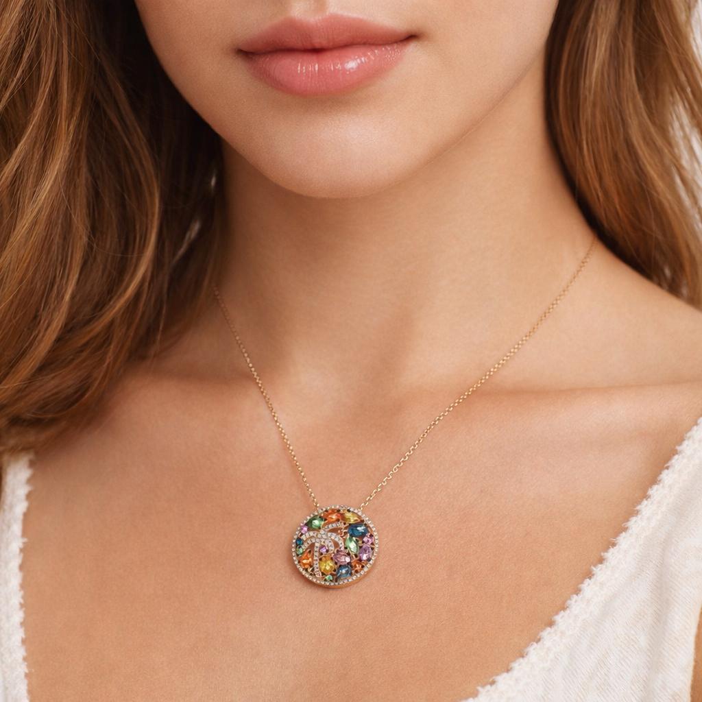 EFFY Multi Color Sapphire Diamond Palm Tree Pendant Chain Necklace 14K Gold 18"