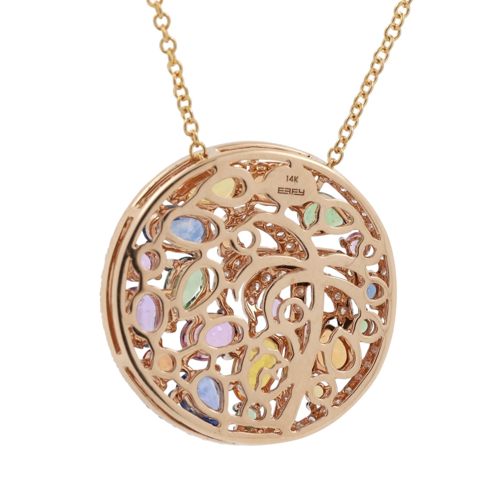 EFFY Multi Color Sapphire Diamond Palm Tree Pendant Chain Necklace 14K Gold 18"