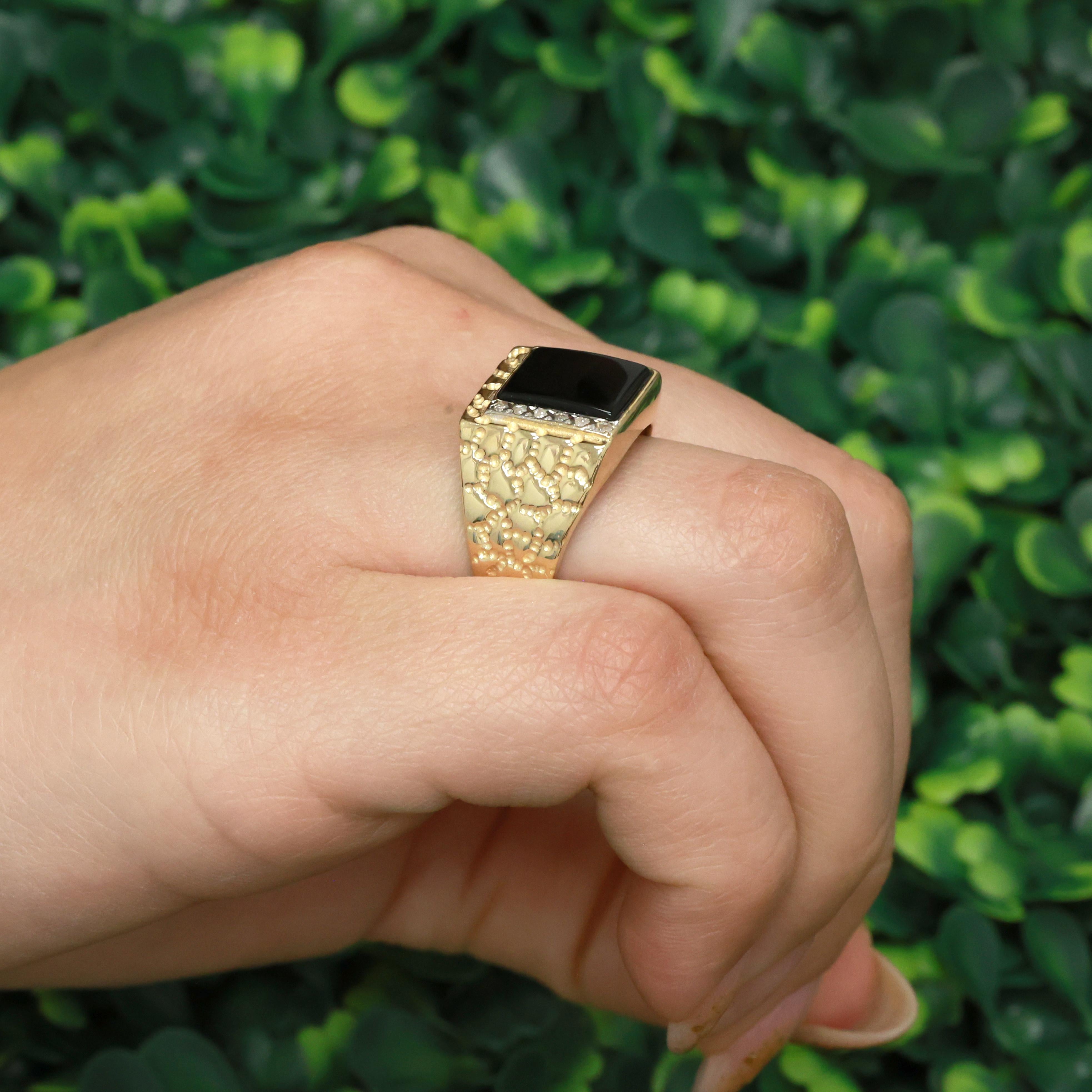 Men's Square Onyx Diamond Ring 10K Yellow Gold Size 9.75  Estate