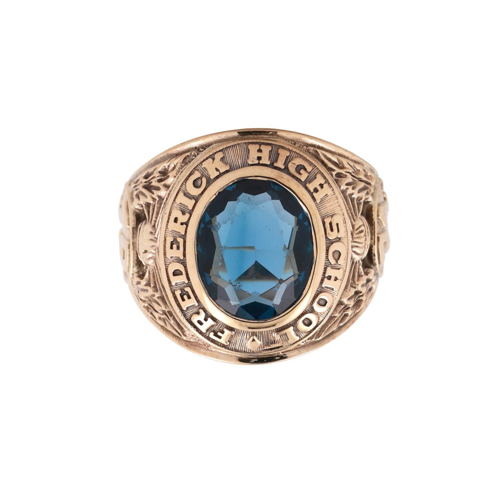 Frederick High School Class Ring 1971 10K Gold Lab Grown Sapphire Gem Size 9.75