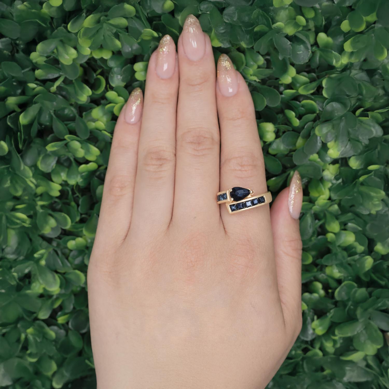 Blue Sapphire Gemstone Bypass Ring 18K Yellow Gold 0.90 CTW Size 7.25 Ladies