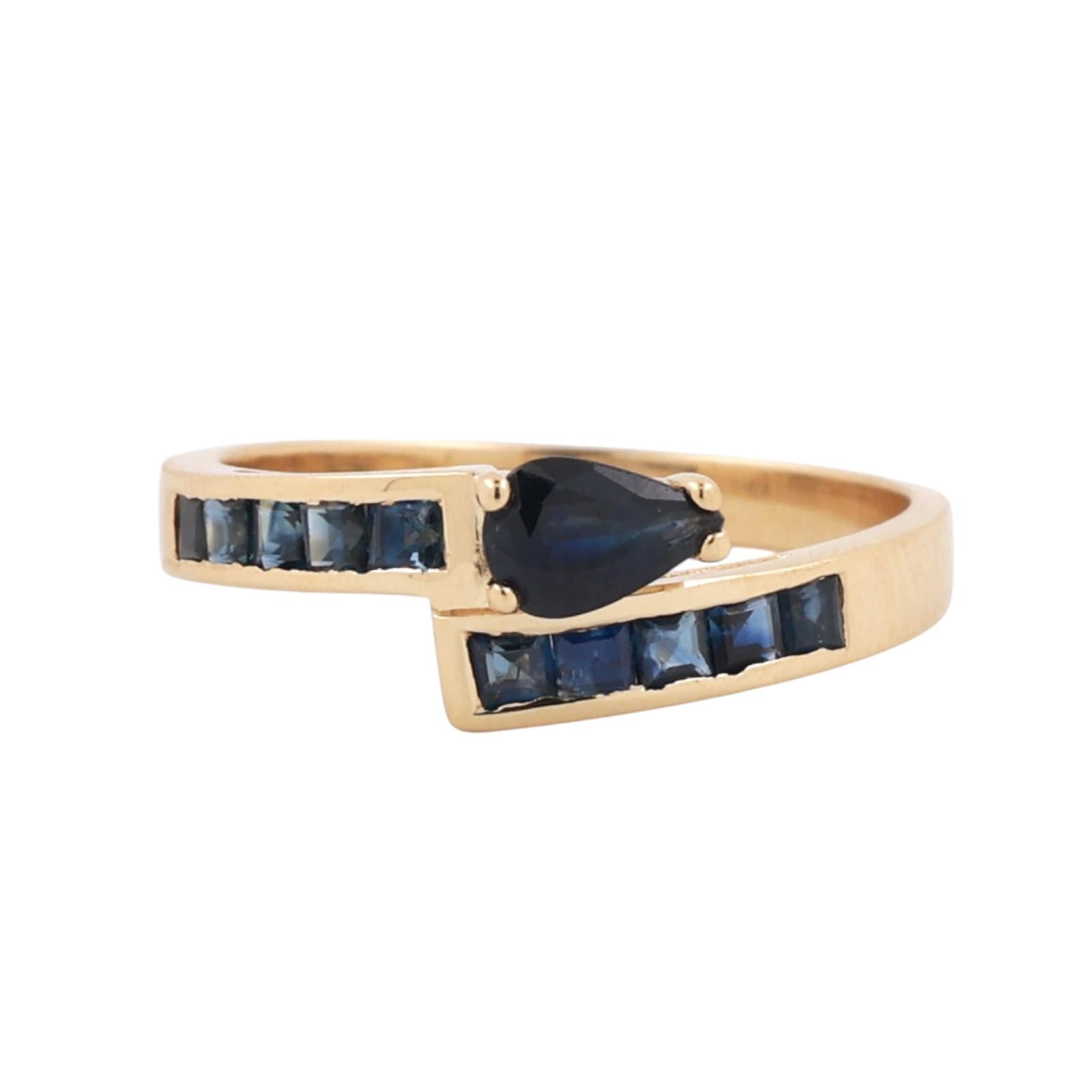 Blue Sapphire Gemstone Bypass Ring 18K Yellow Gold 0.90 CTW Size 7.25 Ladies