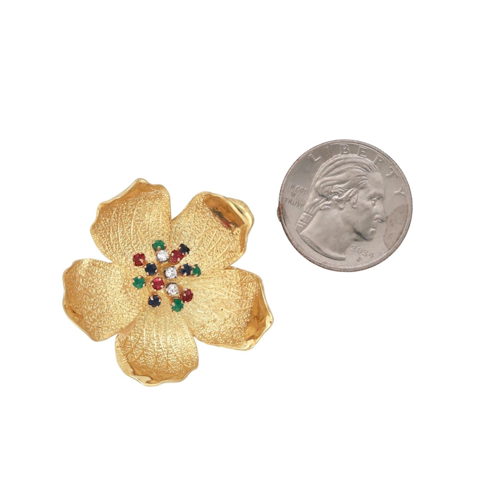 Vintage Multi Gemstone Diamond Floral Brooch Pin 18K Yellow Gold 0.57 CTW 1.50"