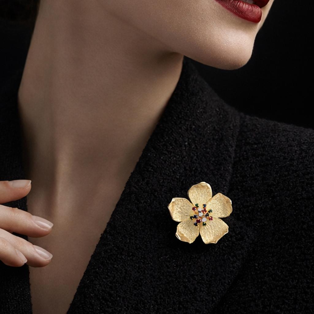 Vintage Multi Gemstone Diamond Floral Brooch Pin 18K Yellow Gold 0.57 CTW 1.50"