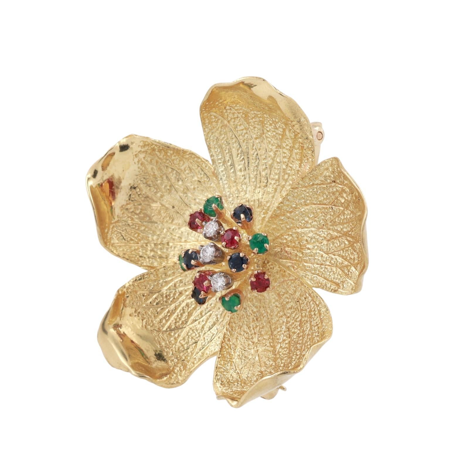 Vintage Multi Gemstone Diamond Floral Brooch Pin 18K Yellow Gold 0.57 CTW 1.50"